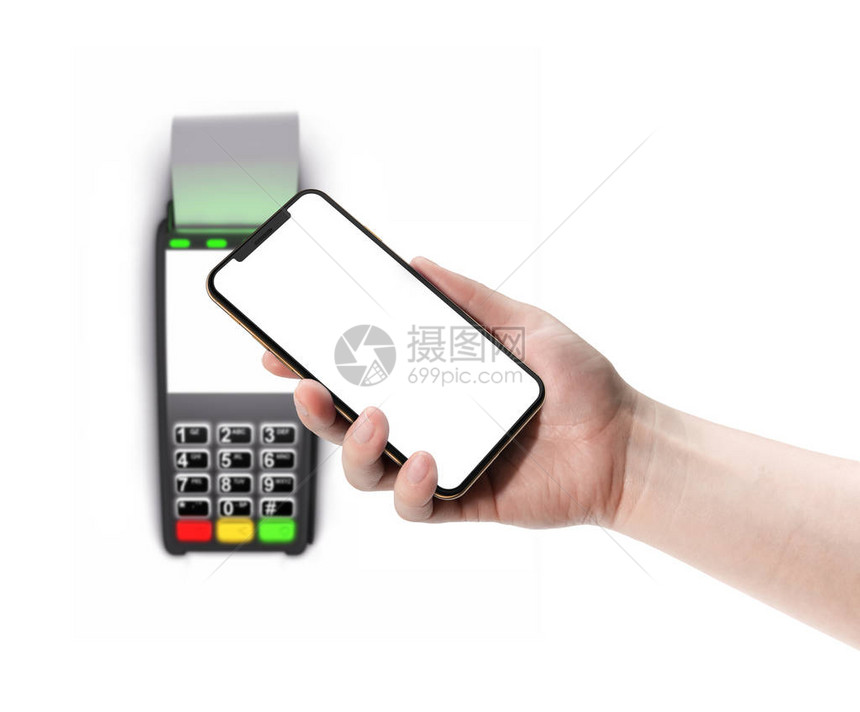 付款终端和智能手机用一只手在白图片
