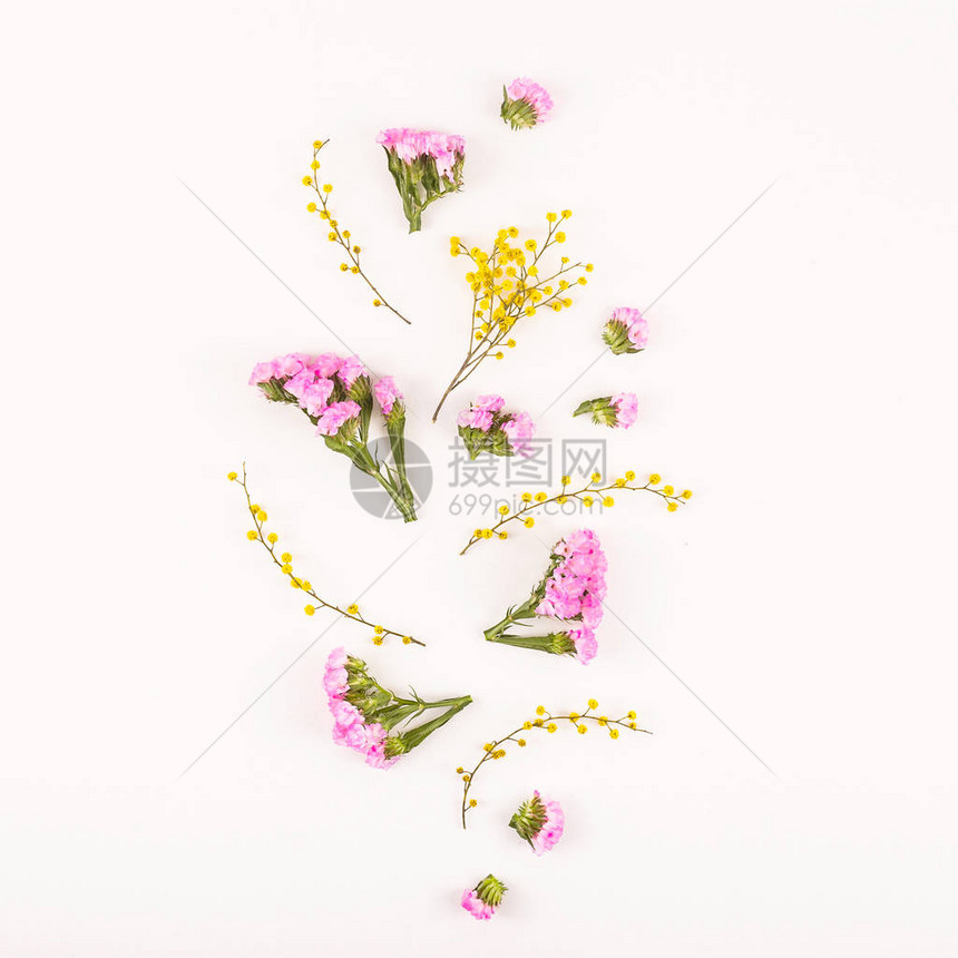 光背景的淡黄色和粉红色花朵自然和最小化概念顶图片