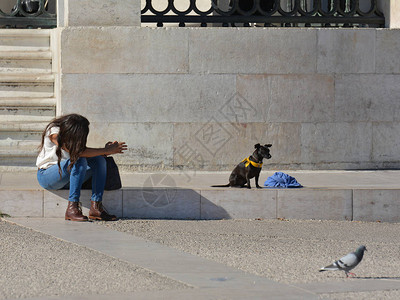 街景PracadoComercio商业广场的女孩和可爱的狗图片