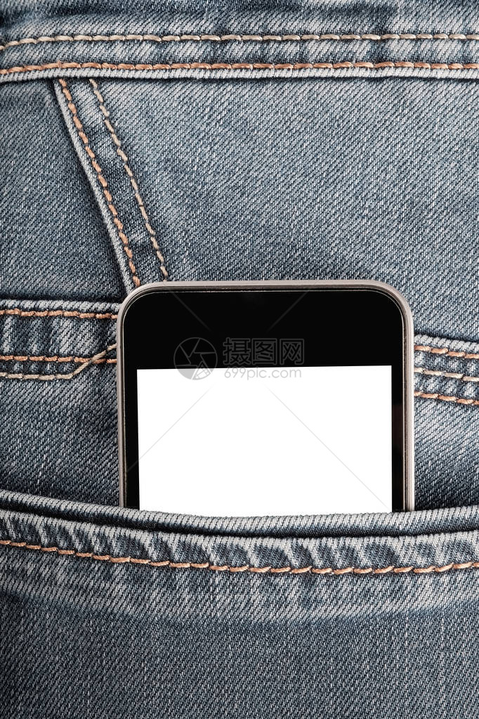 将现代智能手机混入牛仔裤口袋您的横幅或屏幕上文字的空白间图片