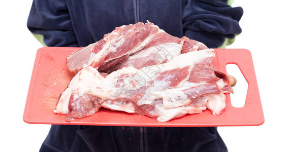 鲜肉在手白色背景上图片