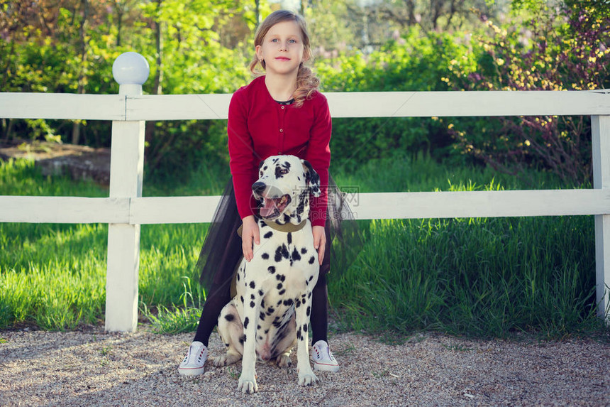 年轻女孩带着她的达马特犬在春天公园里图片