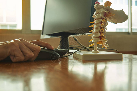 医生使用诊所台式计算机和桌上宫颈脊椎模型的书桌图片