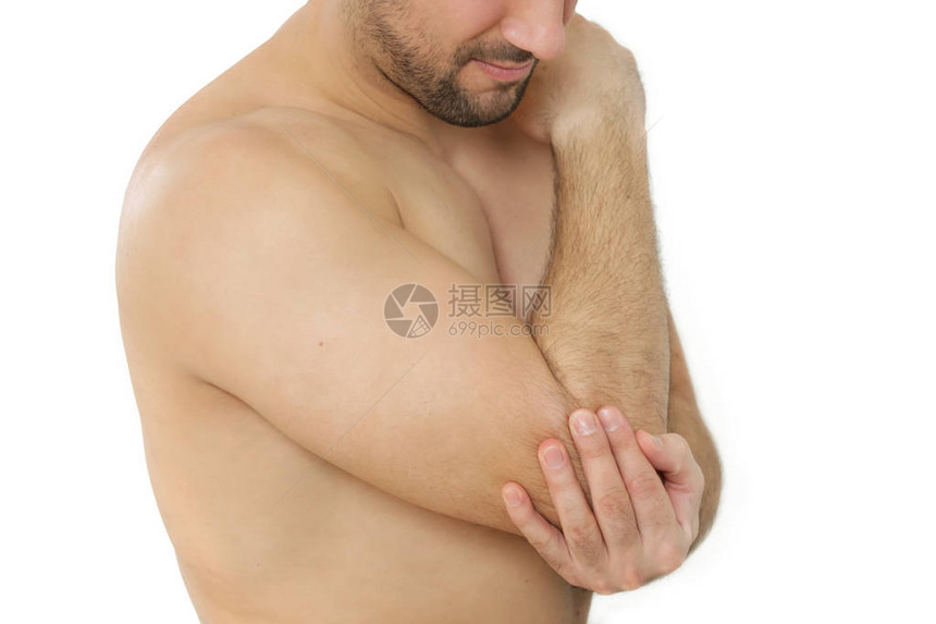 急肘部疼痛男人握着他的疼痛肘部的手图片