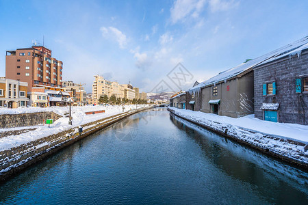 日本北海道冬季和雪季的大田运河风景美背景图片