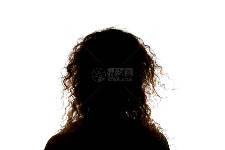 卷曲的头发被白色隔离的女人的剪影图片