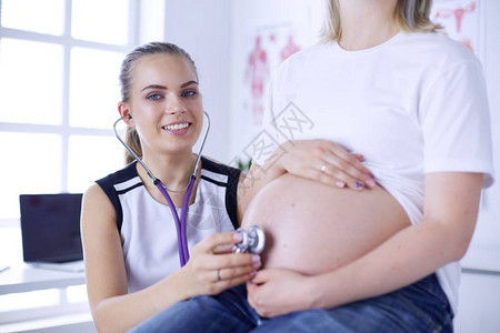 年轻女医生在诊所检查孕妇背景图片