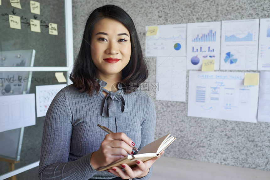 年轻亚洲商业女商人在任职期间用注纸来规划其业务计划的肖像图片