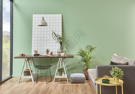 薄荷墙和带桌子和植物花瓶的灰色沙发图片