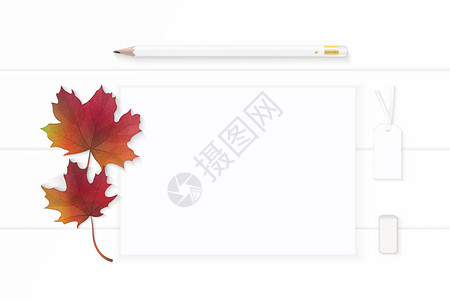 平坦的优雅的白色成份纸黄色铅笔抹布秋叶和图片