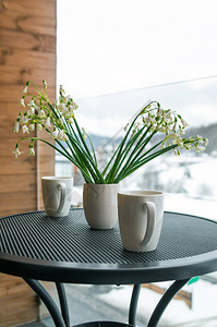 冬日阳台上的莲和饮料杯图片