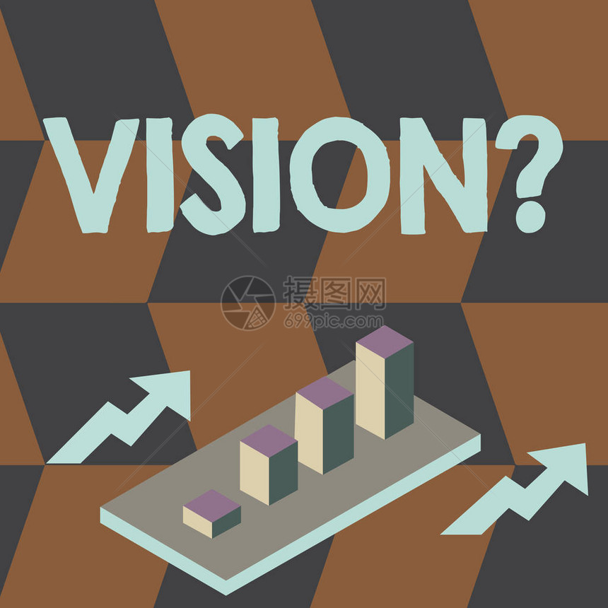 显示Visionquest的书写笔记公司承诺的商业概念描述未来现实状态集群3D条形图的透视图片