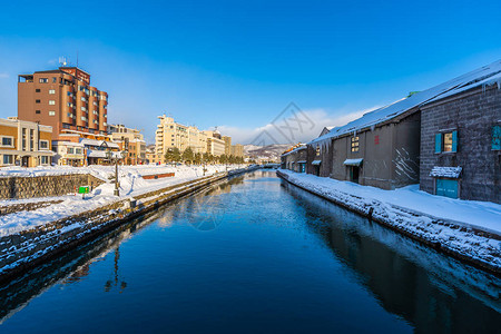 日本北海道冬季和雪季的大田运河风景美背景图片