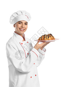 年轻女美食者白背景的图片