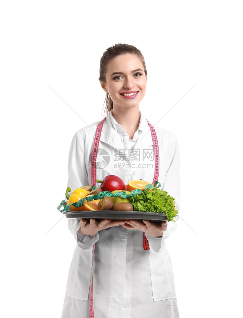 白色背景健康产品女营养学家的肖像图画白底妇图片