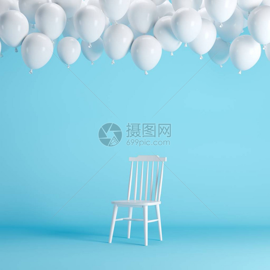 蓝背景室演播室的白椅子上有漂浮白色气球图片
