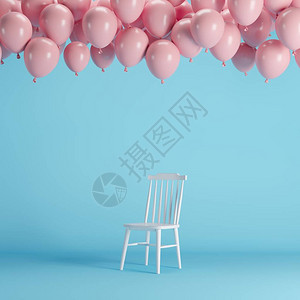 蓝背景室演播室的白椅子上有漂浮的粉色气球图片