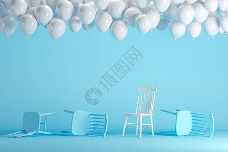 在蓝面壁画室工作室配着漂浮白色气球的杰出白椅子最小的背景图片