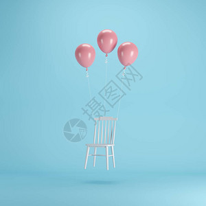 带粉色气球的漂浮椅在蓝底背景上图片