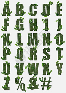 英文字母的字母用绿色草做成白纸上背景图片