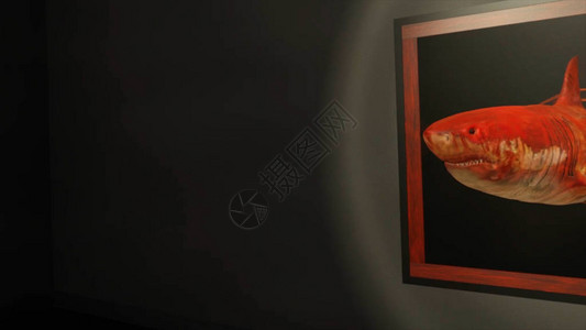 危险的鲨鱼红全息图从带画框的黑墙上出现图片