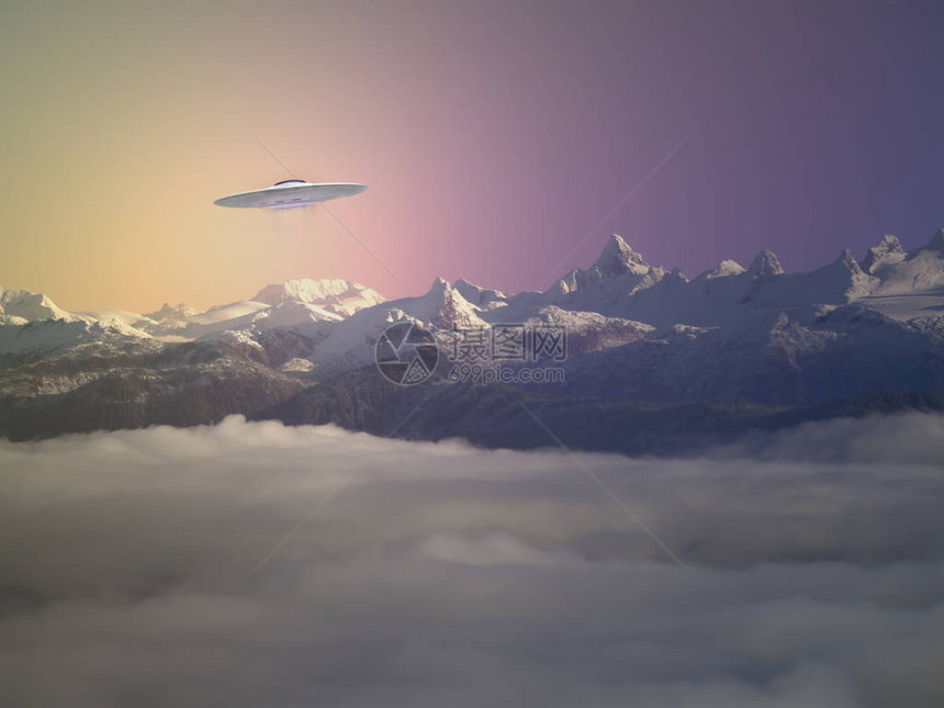 UFO飞碟在阿拉斯加山脉上空图片