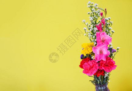 品春鲜黄色背景中带康乃馨花唐菖蒲和各种美丽的鲜春花束五背景