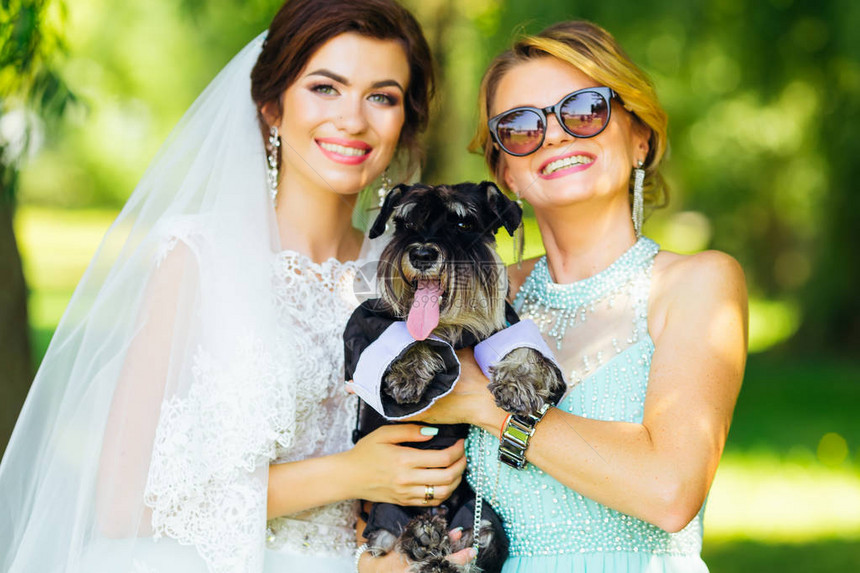 美丽的新娘和母亲将狗抱在他们图片