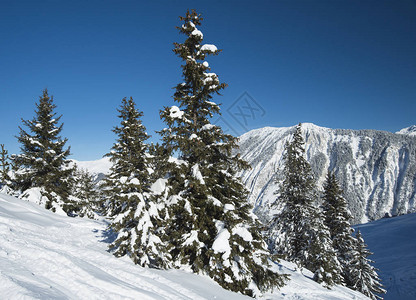 高山脉下雪覆盖山谷的风景全蓝天空背景图片