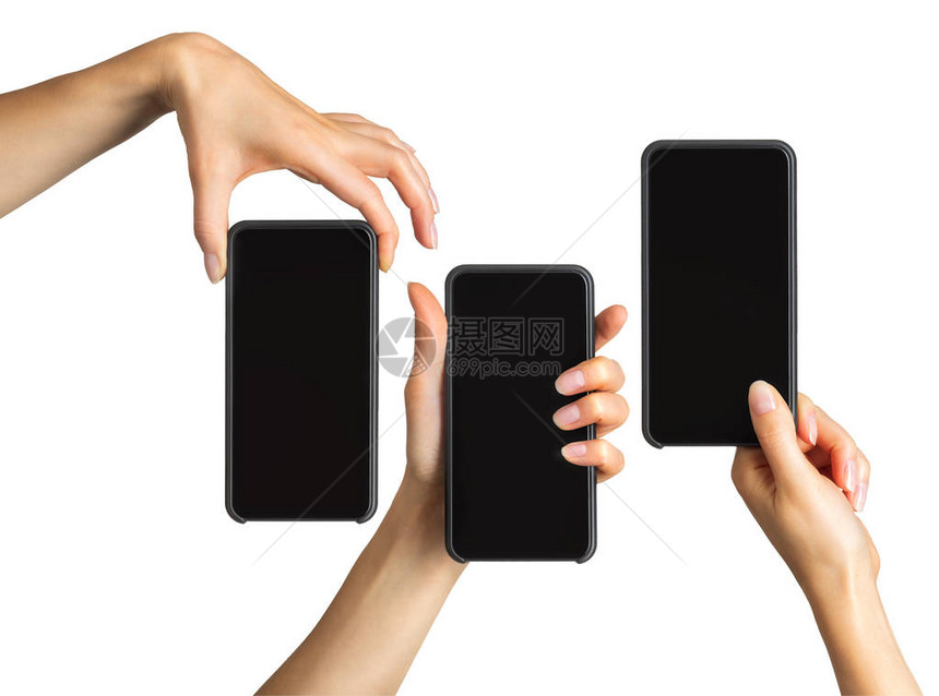 一组显示黑智能手机的女手图片