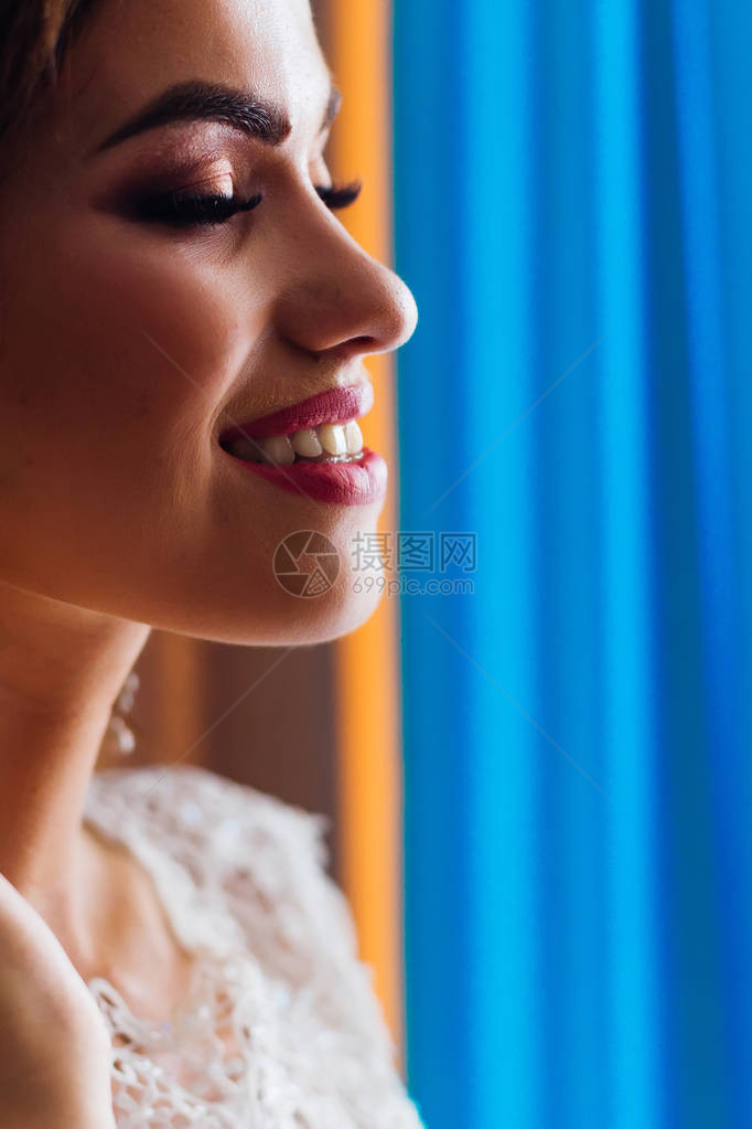 新娘的脸与豪华化妆的轮廓新娘微笑着闭上图片