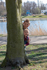 两个兄弟的孩子躲在公园树图片