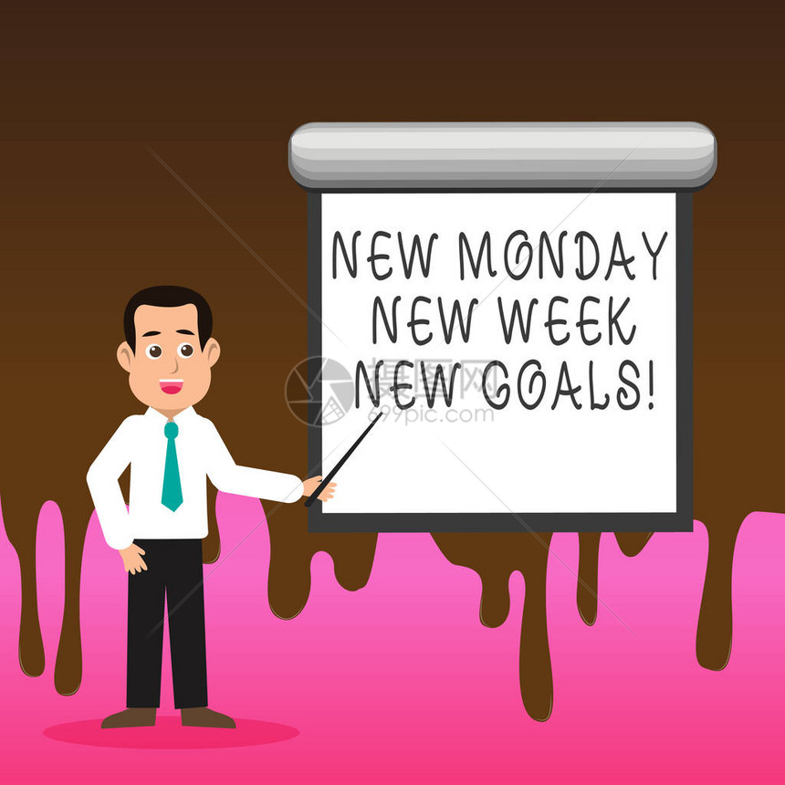 概念手写显示新星期一新周目标概念意味着再见周末开始新的目标是男人在领带上拿着棍子指图片