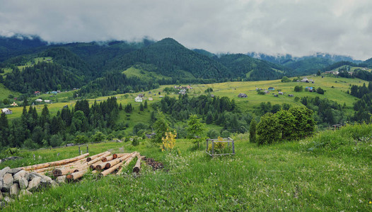 山上绿草地上的木屋图片