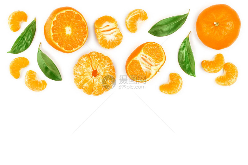 橘子或普通话与叶子隔离在白色背景与复制空间为您的文本图片