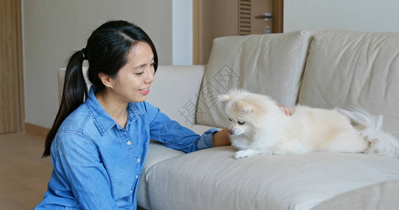 女人在家里抱着她的狗图片