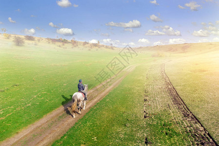 沿着乡村的年轻女骑马骑马的骑手穿过绿色的山坡沿着图片