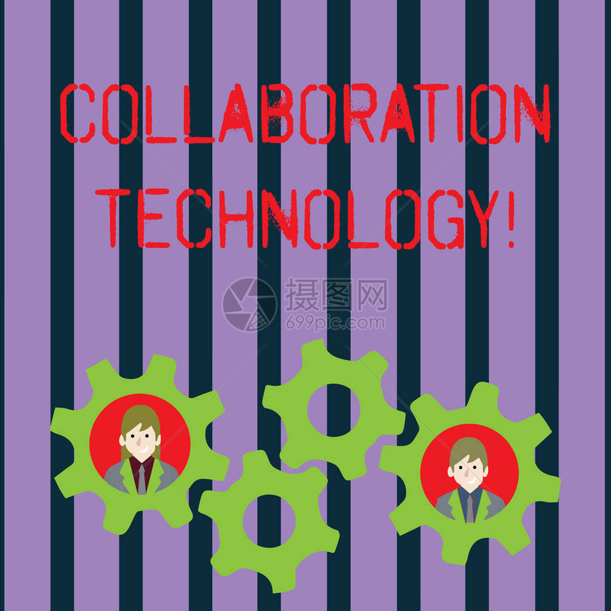 显示协作技术的概念手写概念意味着共同努力工作组完成任务两个商务人员在齿轮内进行图片