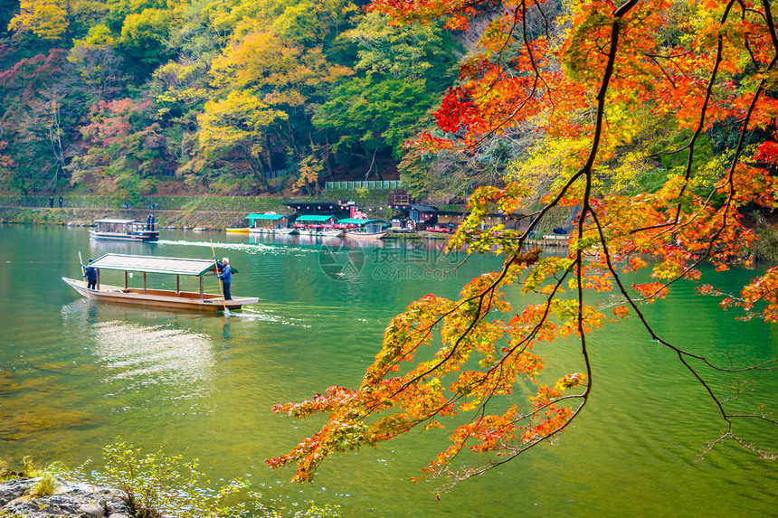 美丽的阿拉希山河在日本京都秋季湖周围有图片