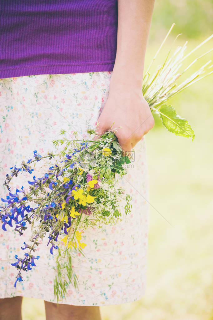 那个女孩拿着一束野花一个女人在草地上摘花鲜花的礼物夏草图片