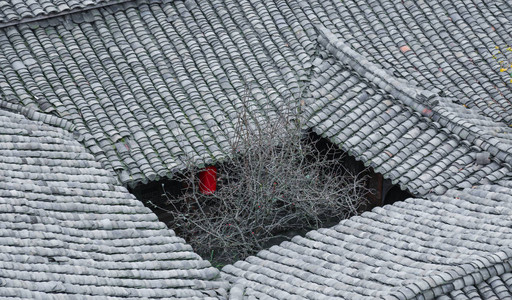 中华传统建筑西海川砖瓦结构树木红灯背景图片