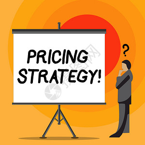 价格战显示定价策略的书写笔记参考方法公司的商业概念使用他们的产品服务定价商人在他的头空白屏背景