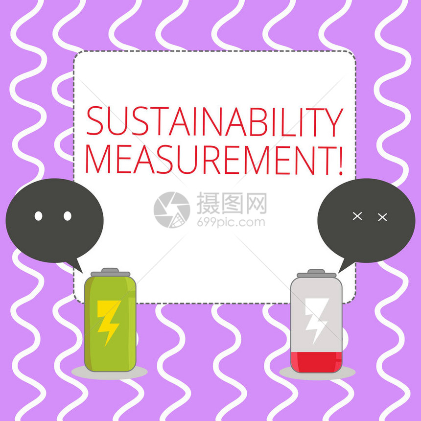 显示可持续测量的概念手写概念意义测量环境社会和经济领域完全充电和放电池与表情图片