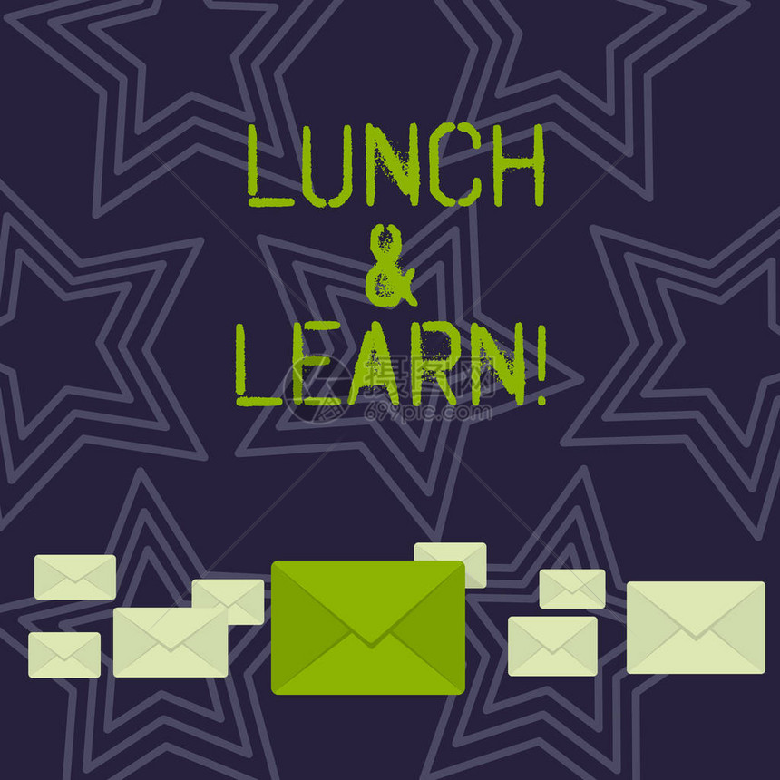 手写文本午餐和学习在午餐期间提供的概念照片作为研讨会来测试它不同尺寸的柔和色封闭信封图片