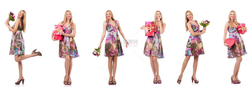 美丽的女人带着礼物盒和鲜花图片