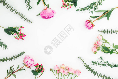 粉红超生和玫瑰的花框白色图片