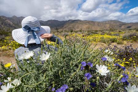 女人望向山上戴着白草帽和蝴蝶结周高清图片