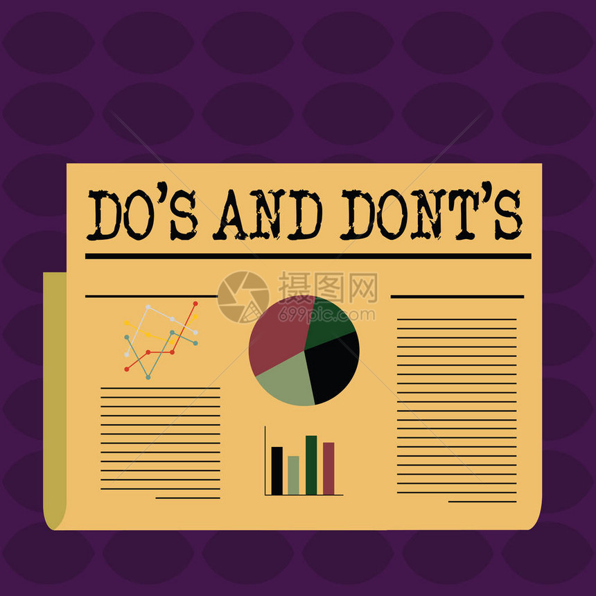 显示DoSIs和Dont的文字符号商业照片展示有关某些活动的建议规则或习俗文本行条形线和饼图的彩色图片