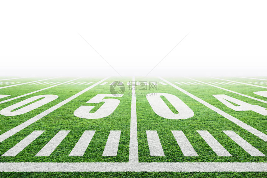 美国足球场附近有院子线标记和复制空间的白色背景图片