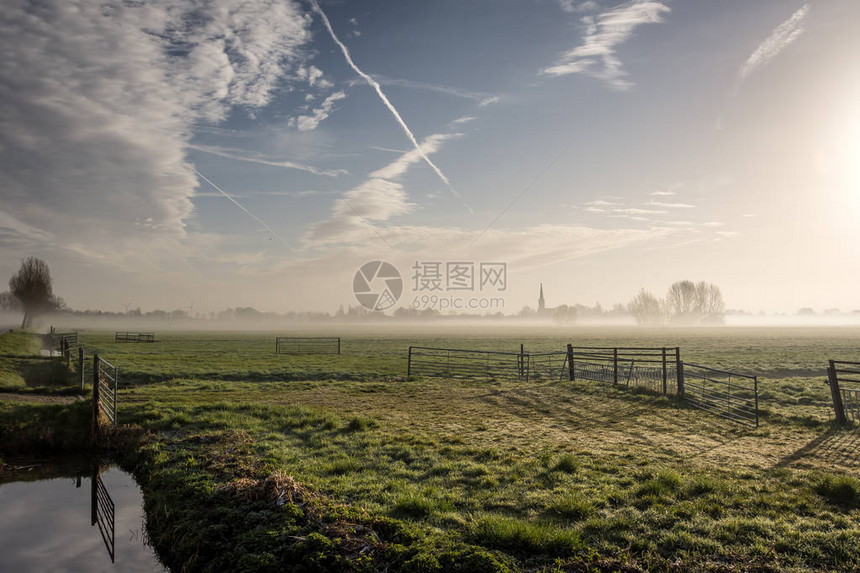 典型的荷兰风景农场的晨光图片